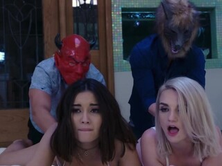 When boyfriends begin stroking Aria Lee and Stevie Grey's pussies from behind, the girls can't even imagine that it's their stepdads. The men surprise them revealing faces and fuck these bitches.