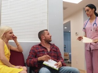 Boy invites blonde to come closer knowing she has nothing against a twosome with him in the hospital hall. The young man in the red shirt doesn't even want to follow the nurse but better stays and drills chick.