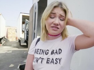 On the parking lot, dude spots abated teen Zelda Morrison and hooks up with her. They find quiet spot between trailers where pretty nymph flashes small tits, gives blowjob and gets permeated from behind.