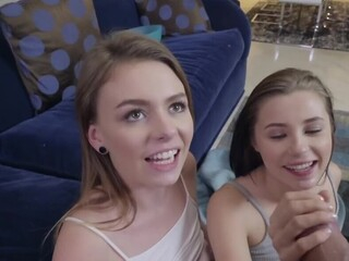 The lucky guy has two breathtaking women down on their knees giving him a blowjob. They wish to make his shaft hard enough before going down all fours and offering their cunnies for penetration.
