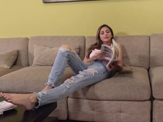 Guy catches busty stepsister masturbating and that babe agrees to help him by giving handjob. It ends with awesome cumshot and next day he confronts chick in living room hoping to see her curves again.