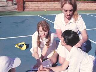Tennis coach says if Daisy Stone, Daphne Dare, and Cleo Clementine wanna make it to the finals, they must work as a team, no matter what. Those delectable three fucksluts know what he means.