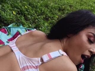 Tony Rubino and amazing Latina Maya Bijou are having a picnic in nature. Soon they ended up fucking on that blanket and chick voraciously blows that big rod determined to gulp all of man's juice.